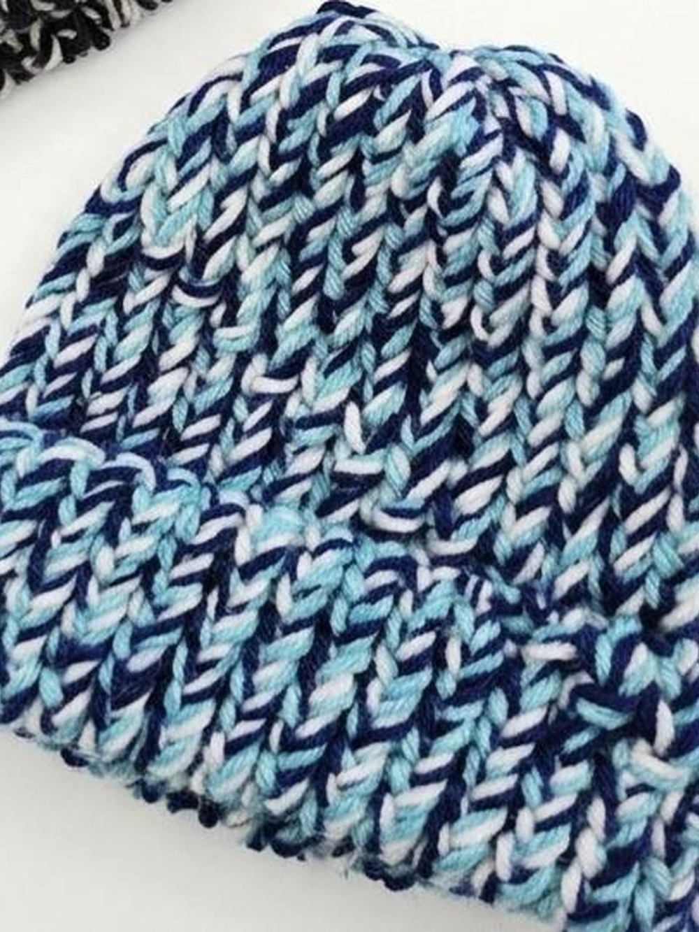 Hand Crafted Blue, Light Blue & White Knit Beanie for Kids